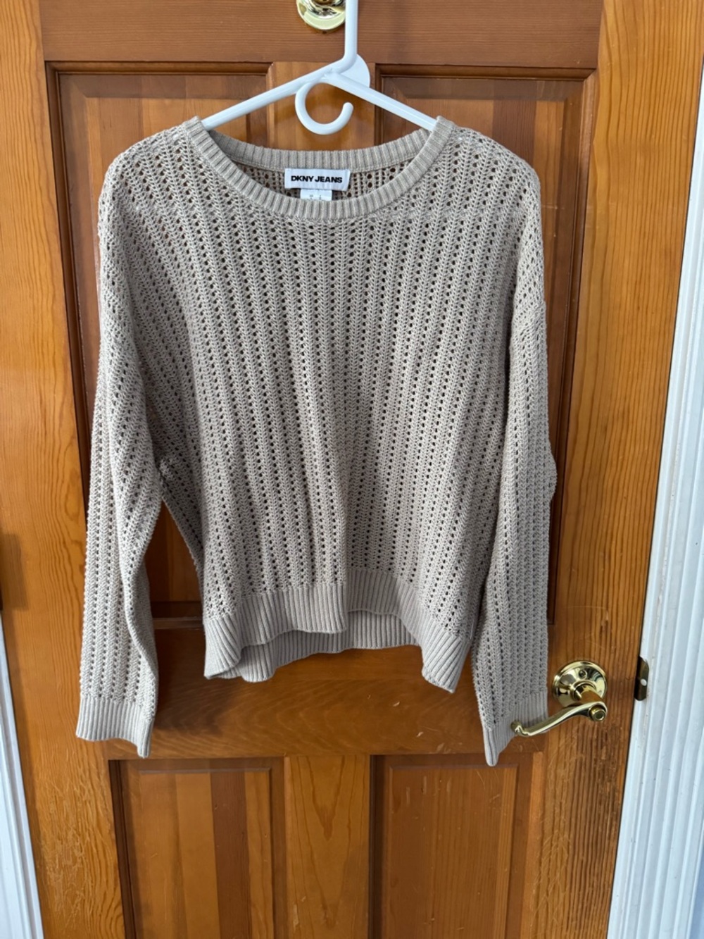 DKNY Beige Open-Weave Crewneck Sweater